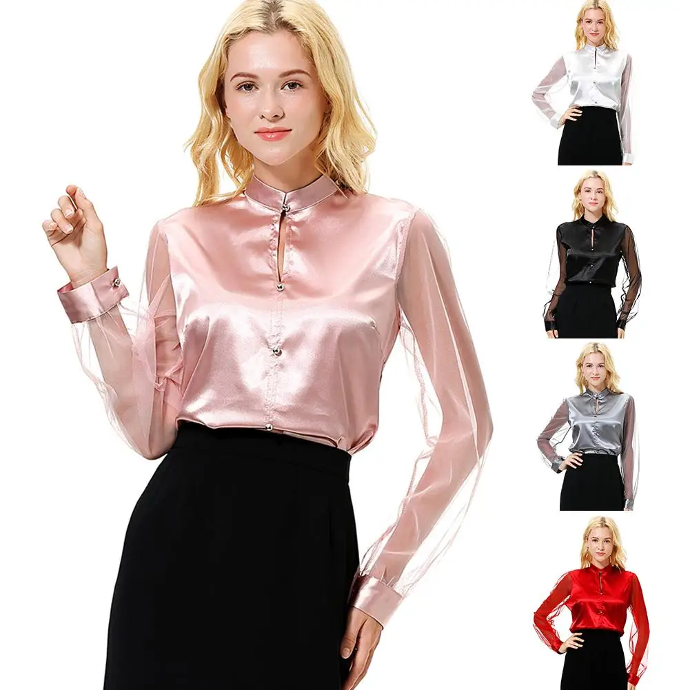 Women Business Casual Long Sleeved Shirt Imitation Silk Long Mesh Sleeve Button Down Shirt Work Office Blouse Top