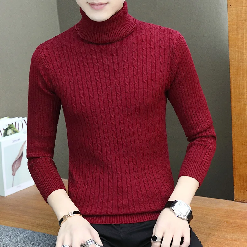 

Casual Men's Autumn and Winter Solid Color High Neck Long-sleeved Twist Knit Sweater Slim Sweater Knitted Pullover Korean Versio