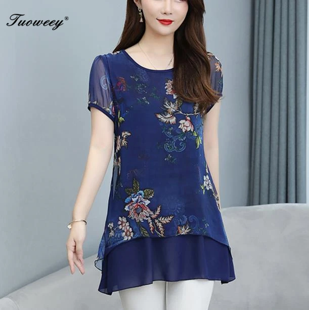 Blue flower Женские блузки и рубашки, лето, туника с глубоким круглым вырезом и цветочным принтом, рубашка с цветочным принтом, большие размеры, топы, свободная Блузка camisa - Цвет: Blue flower