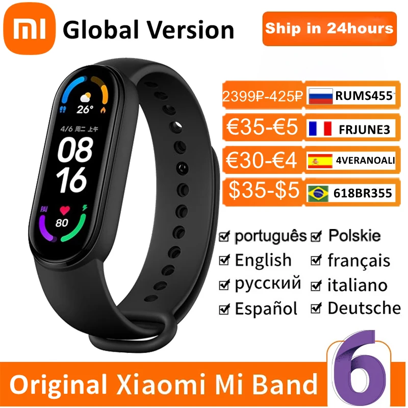 Умный Браслет Xiaomi Mi Band 6 глобальная Версия смарт браслет 5 цветов активно