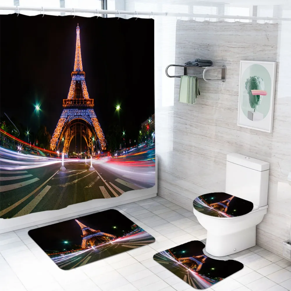 Набор для ванной комнаты 3D город ночной вид Париж Печать водонепроницаемые