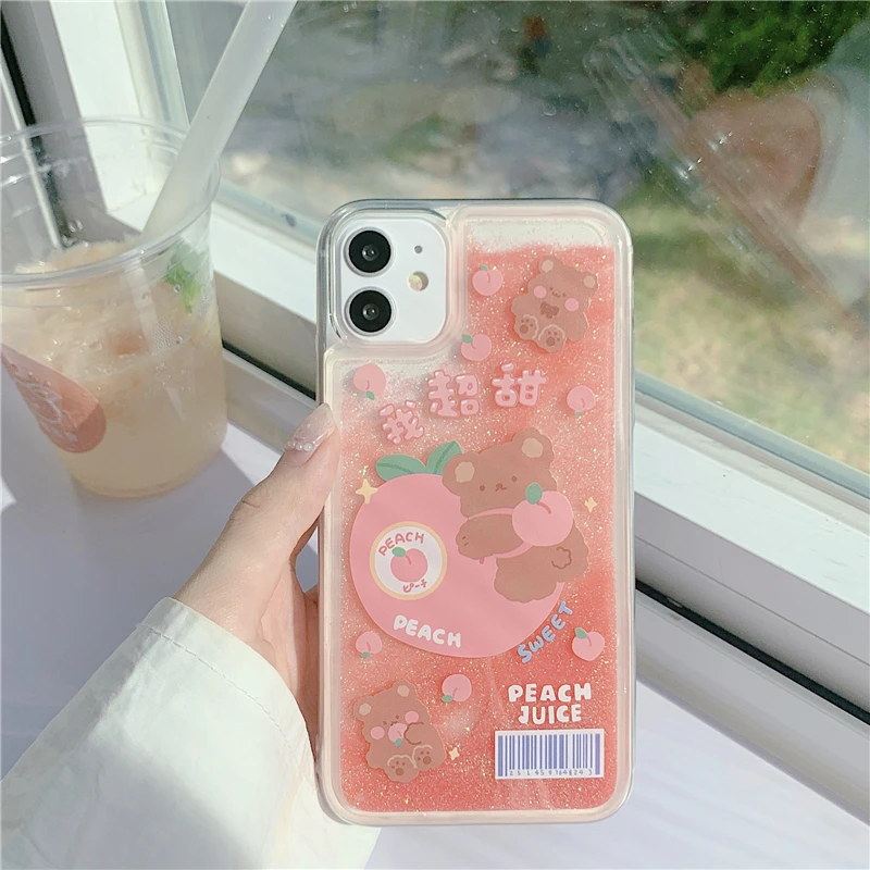 Animal Peach Glitter Quicksand Phone Case For iPhone 11 12 Pro Max XR X XS Max 6 6s 7 8 Plus SE 2020 Phone Cover Accessories