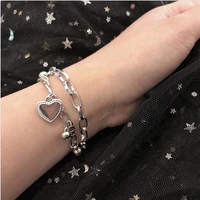 double layer chain peach heart pendant bracelet retro court style small ball pendant female unique design silver color jewelry