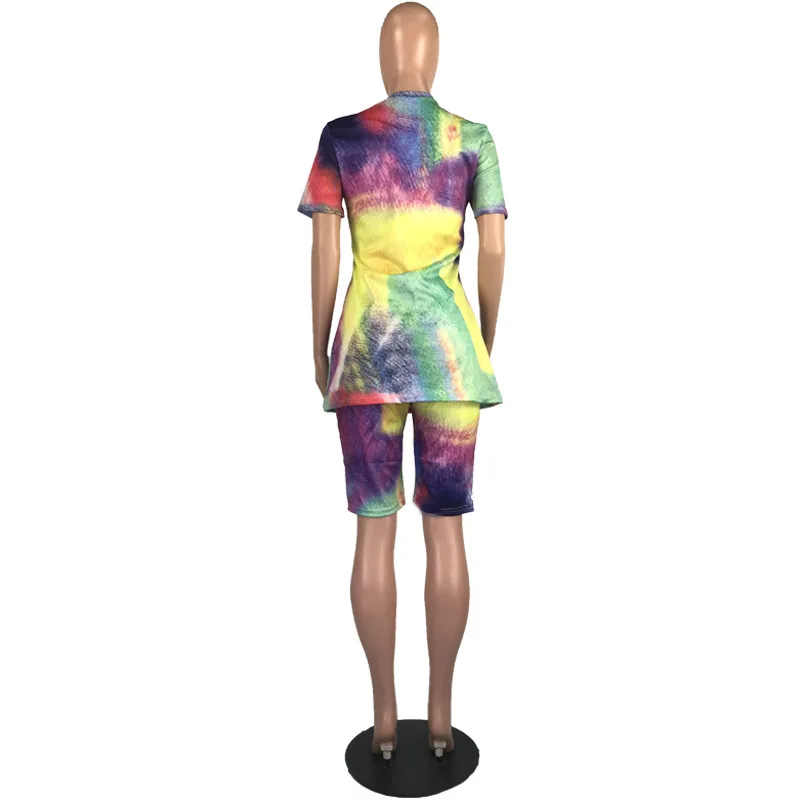 

Adogirl Summer Women Rainbow Tie-dye Printed Tracksuits O-Neck Tops And Shorts Two Pieces Set Casual Slim Sportswear Outfits