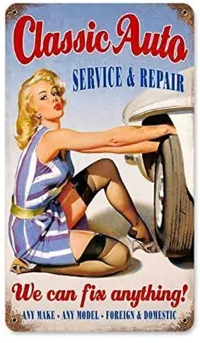 

Vintage Classic Auto - Pin-Up Girl Metal Tin Signs 8 x 12 Inch Wall Decor for Man Cave Tavern Pub Room Restaurants Bar Plaque