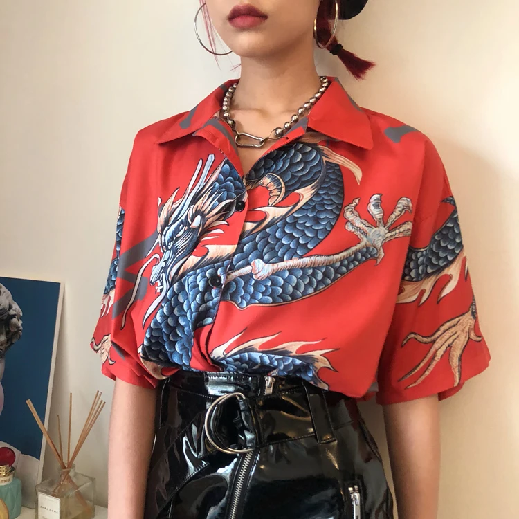 

Women'S Shirt 2021 Spring Summer Dragon Print Personality Airy Blouse Women Plus Size Clothing Lapel Short Sleeve Fashion Shirt