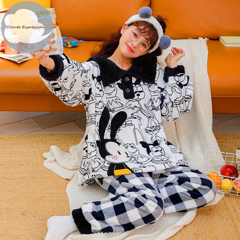 

Winter Warm Thicken Flannel Women Sleepwear Pajamas Cute Girl Cartoon Pajama Set Pullover Coral Fleece Pijamas Mujer Home Sets