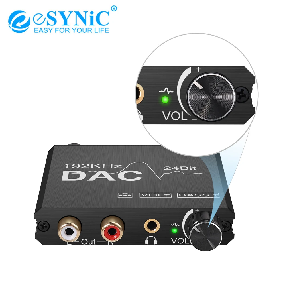 

eSYNiC 192kHz DAC Digital To Analog Audio Converter Coaxial Toslink To RCA 3.5mm Jack Converter With Bass + Volume Control