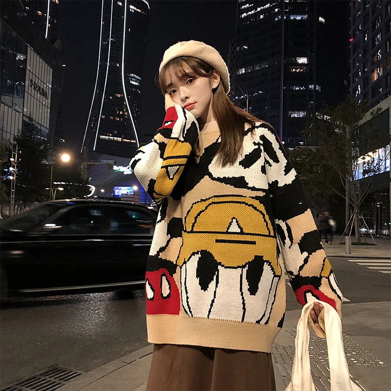 

Cartoon Sweater Couple Clothes Thick Ins Super Fire Autumn and Winter Korean Version of Loose Lazy Knit Sweater Men's Tide
