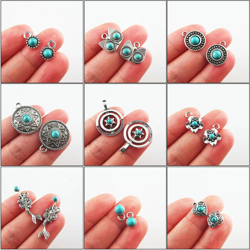 

Fashion New Turquoise Stone Charms Owl Animal Star Flower Mermaid Heart Tibetan Silver Plated Pendants Retro