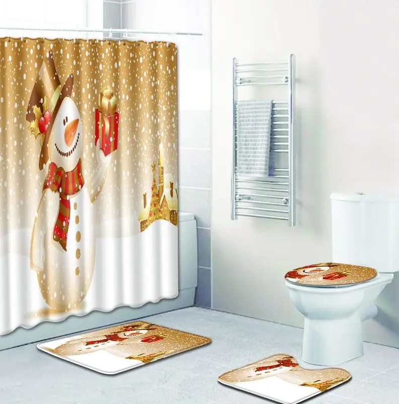 

Zeegle Christmas Mat for Bathroom Decor 4Pcs Bath Mat Set Toilet Seat Cover Shower Curtain Set Water Absorption Bathroom Mat