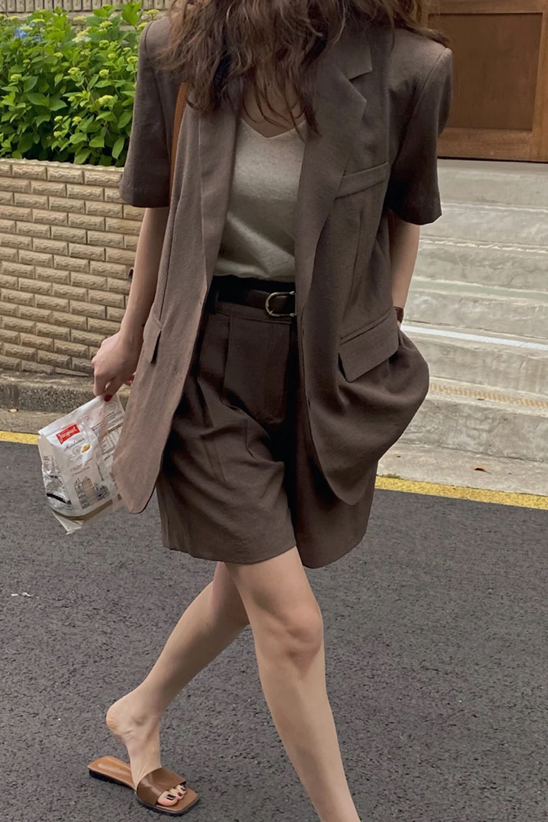 

Korea Chic Summer Lapel Two Button Short Sleeve Blazer Coat High Waist Wide Leg Pants Shorts Pants Two Piece Sets Women Outfits
