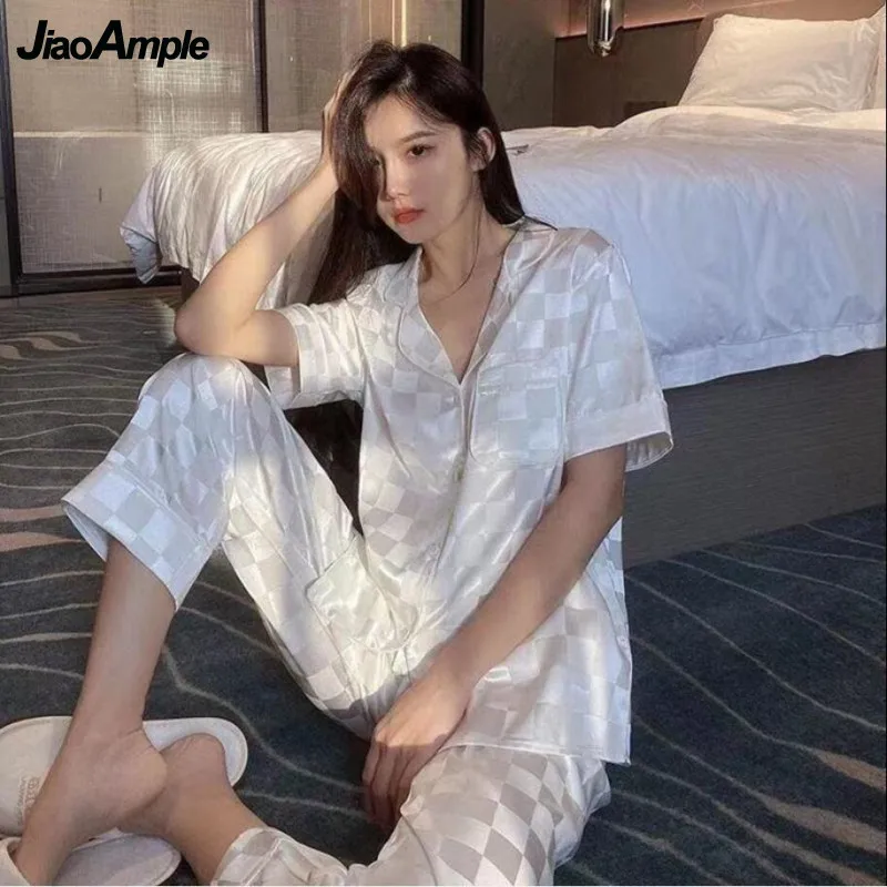 Summer Ice Silk Pajamas Women 2022 Spring Autumn New Long-sleeved Trousers Pijamas Two-piece Korean Fashion Plaid Sleepwear