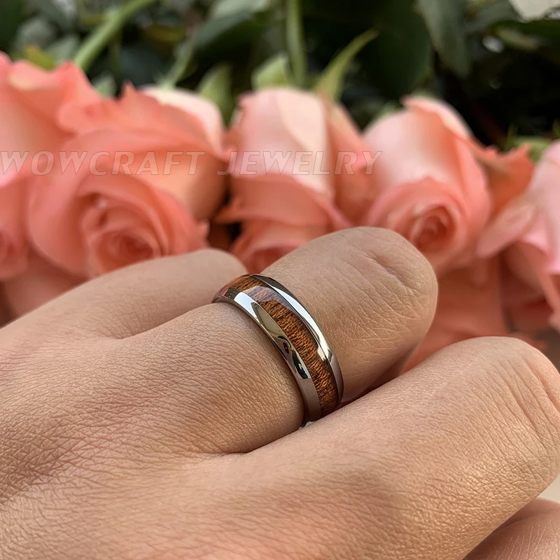 Женские кольца из карбида вольфрама с деревянной инкрустацией 6 мм блестящие и
