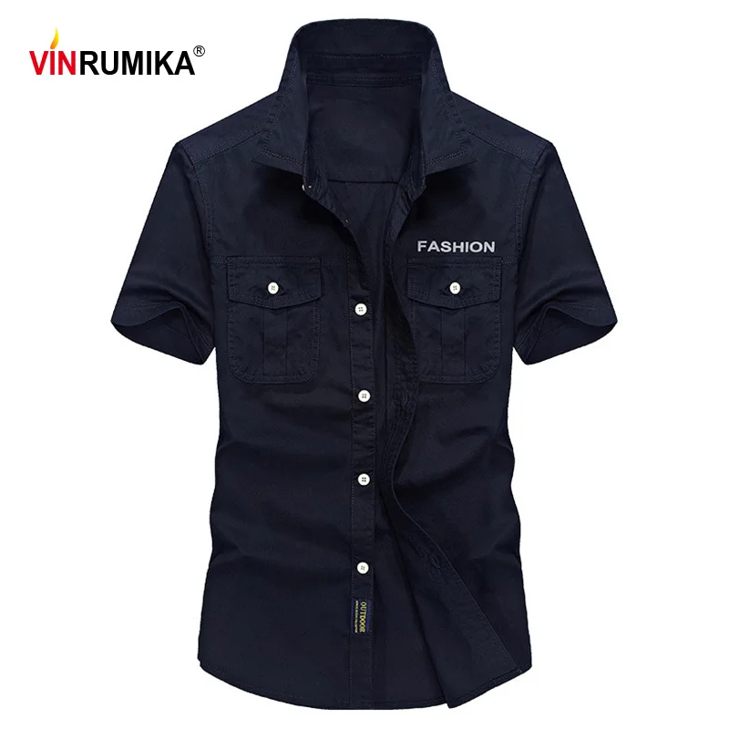 

VINRUMIKA NEW 2020 men's summer military casual brand 100% cotton army green short sleeve shirt man black blue shirts khaki tops