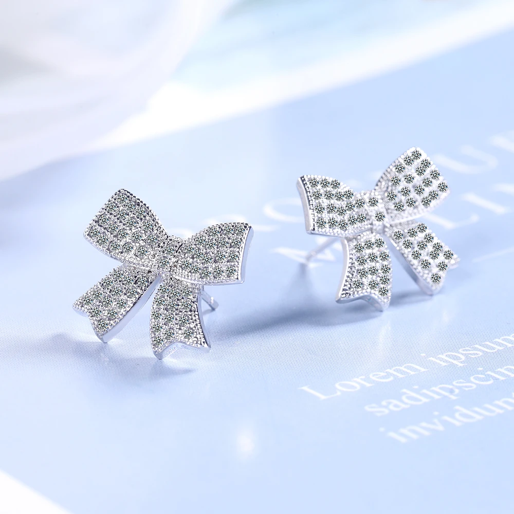 

100% S925 Sterling Silver Cute Bowknot Stud Earrings for Women 2020 Bling Zirconia Stone Fine Jewelry Korean Earrings Party Gift
