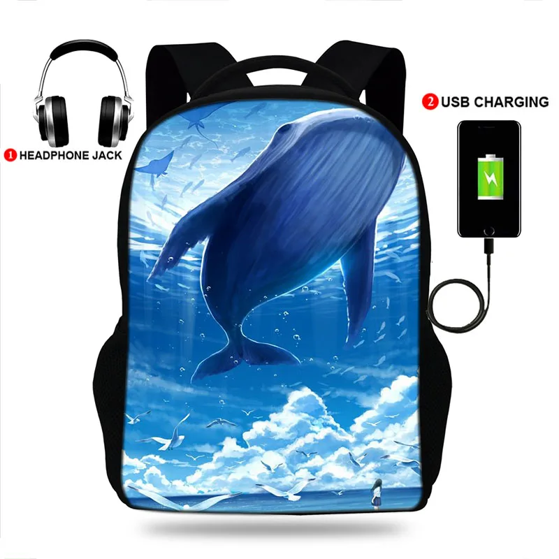 

Students Children Whale Print Backpack School Bags For Boys Girls Bagpack Mochila Escolar Usb Chargeing Backpacks Kids Bag