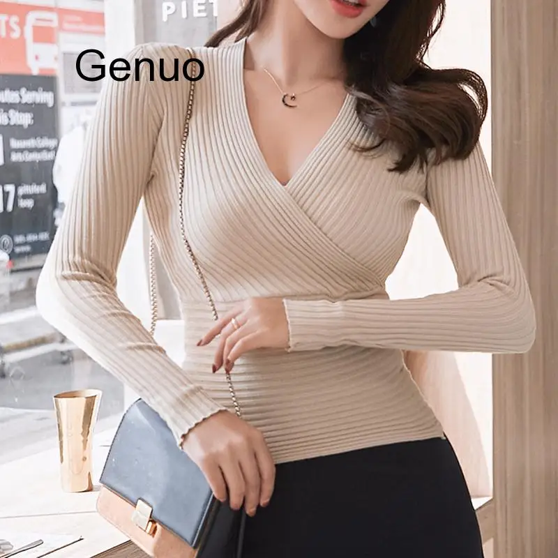 

15 Colors Sexy Deep V Neck Sweater Women's Pullover Slim Sweaters Female Elastic Long Sleeve Tops Femme