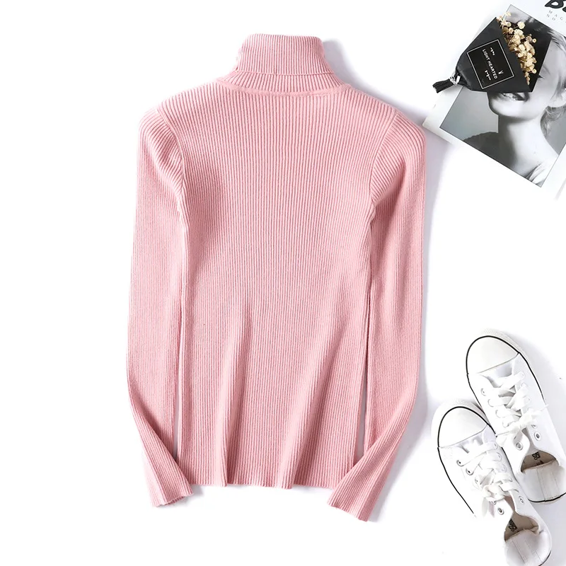 

Autumn Winter Women Knitted Foldover Turtleneck Sweater Tops 2021 Casual Soft Rib Jumper Femme Fashion Stretchable Pullover