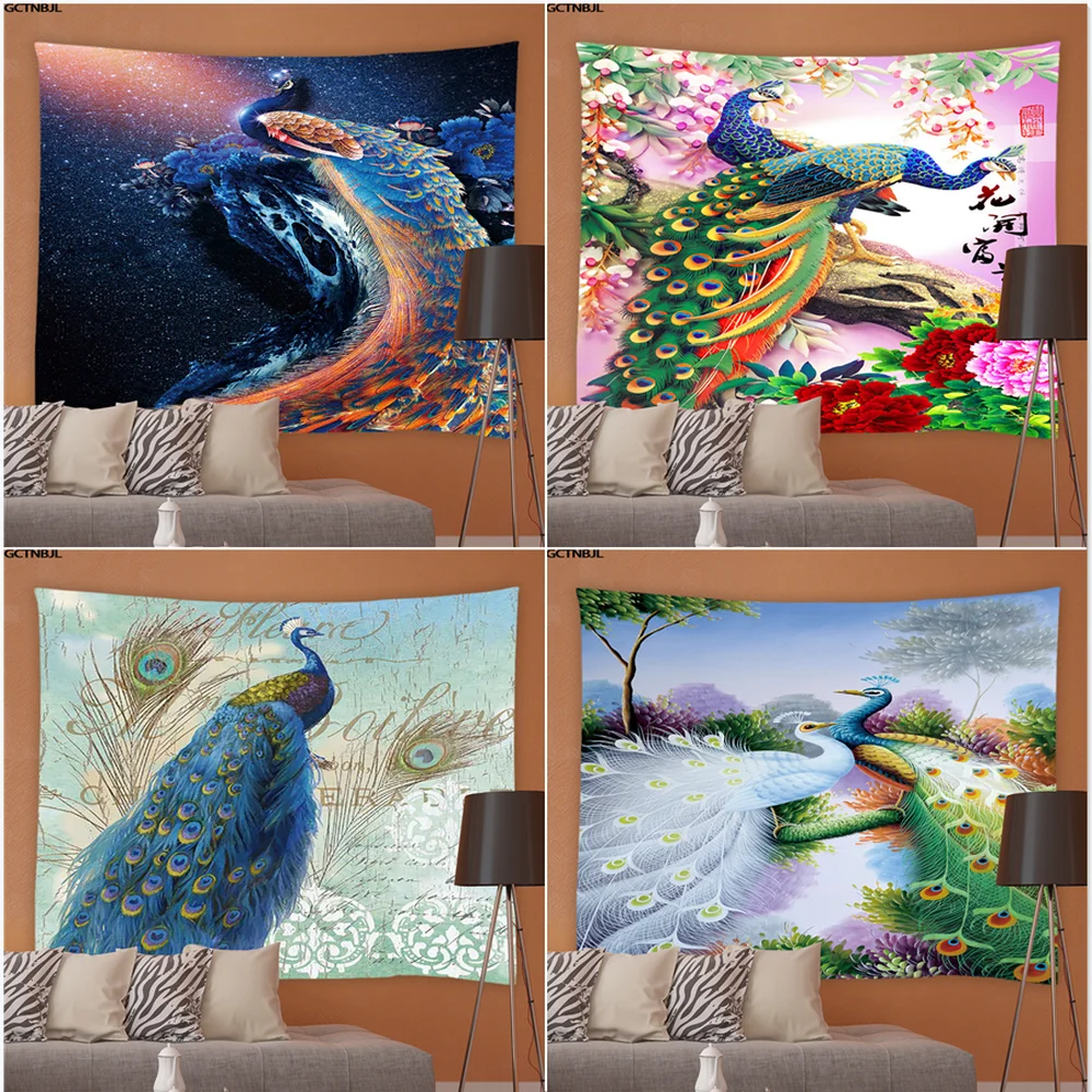 Tapiz colgante de pared de pavo real azul, hermoso p&aacute;jaro y flor, artista, hogar, sala de estar, dormitorio, fondo, pa&ntilde;o de cabecera-0