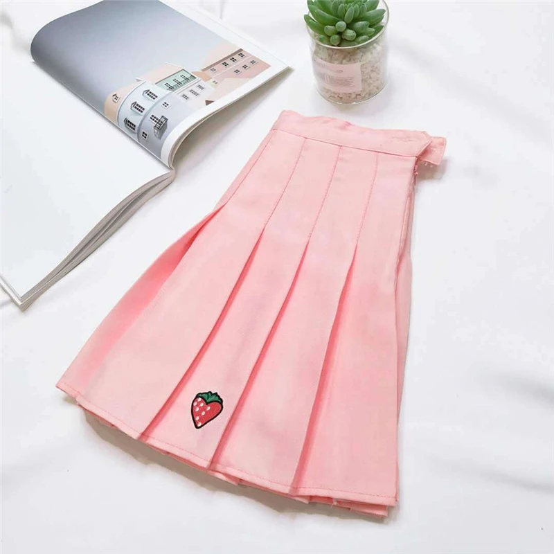 

S-XXL Four Colors Summer New A-Line Women Skirt High Waist Strawberry Embroidery Pleated Skirt Women Safety Pants Mini Skirt