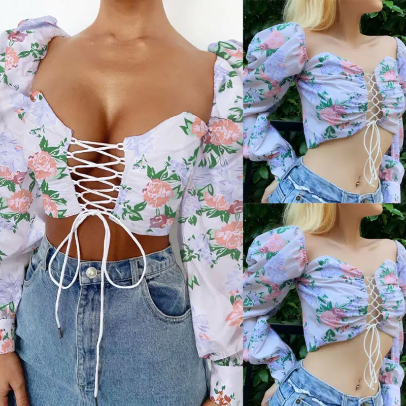 

Autumn Blouse Womens Tops Fashion Lace Up Hollow Out Floral Print Bandage Shirts Sexy Ladies Slim Short Shirt Crop Tops 2019 Hot