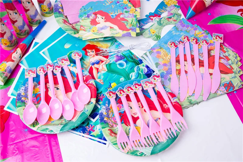 90pcs Cute happy birthday Mermaid Ariel girls baby shower party decoration banner table cloth straws cup plates supplier
