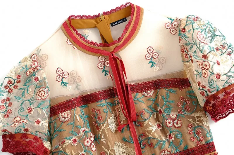 

2020 summer Runway Flower Embroidery Dress Short Sleeve O-Neck Bow lace-up Mesh Dress Patchwork Lace Floral Dress