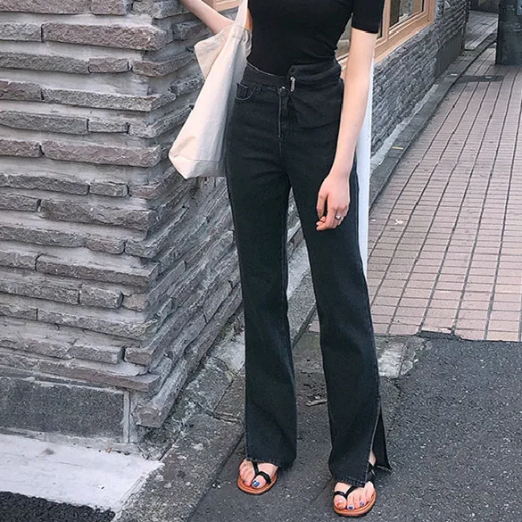 Модные женские джинсы с высокой талией прямые разрезом по бокам винтажные