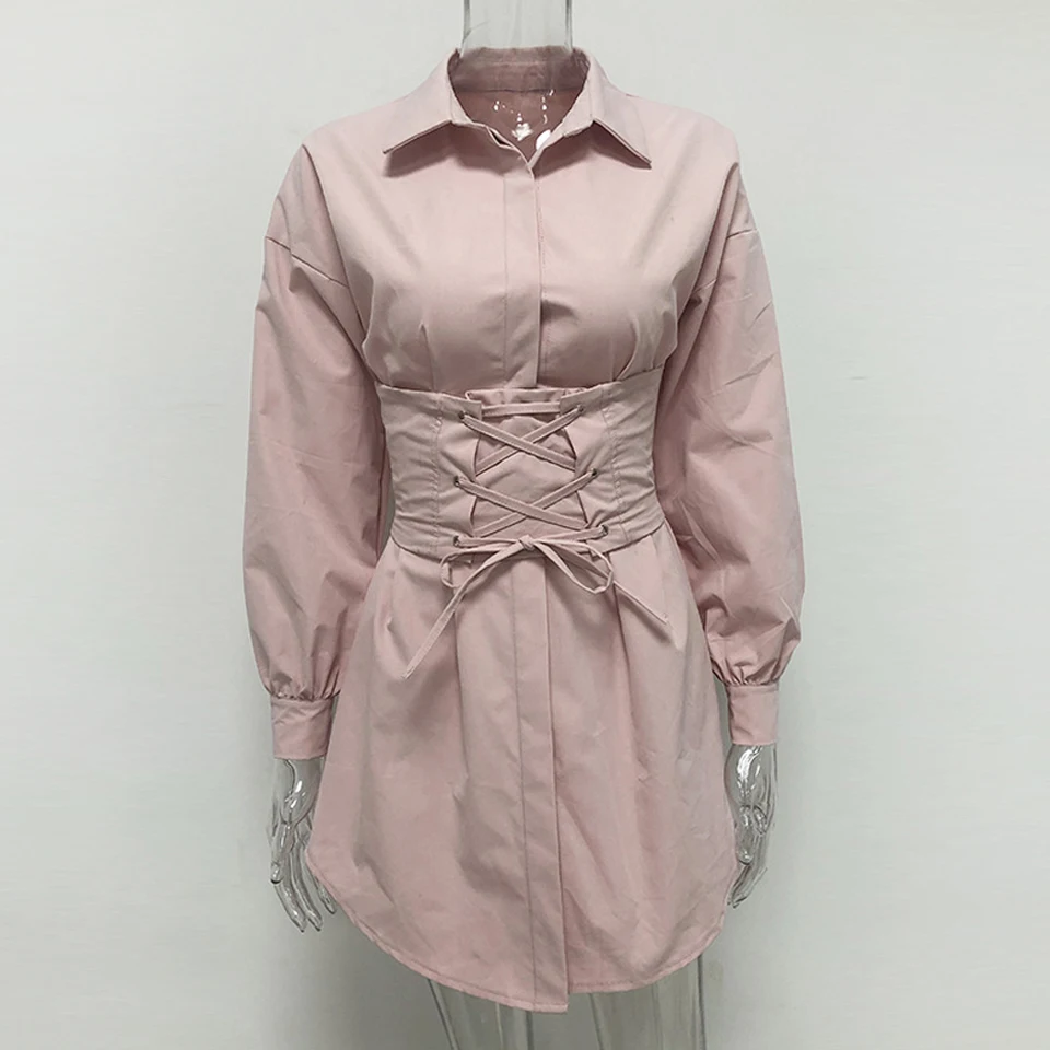 JillPeri Autumn Long Sleeve Shirt Dress with Corset Belt Solid Sexy Elegant Outfit Office Lady Street Wear Party Dress Set