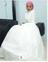 well design muslim ballgown wedding dresses sweep train high neckline long sleeves satin lace appliquebridal gowns