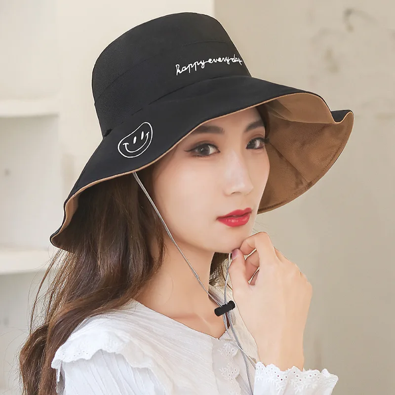 

New Wide Brim Double-Sided Bucket Hats With Rope For Women Girls Smile Face Printed Summer Beach Panama Caps Sun Fisherman's Hat