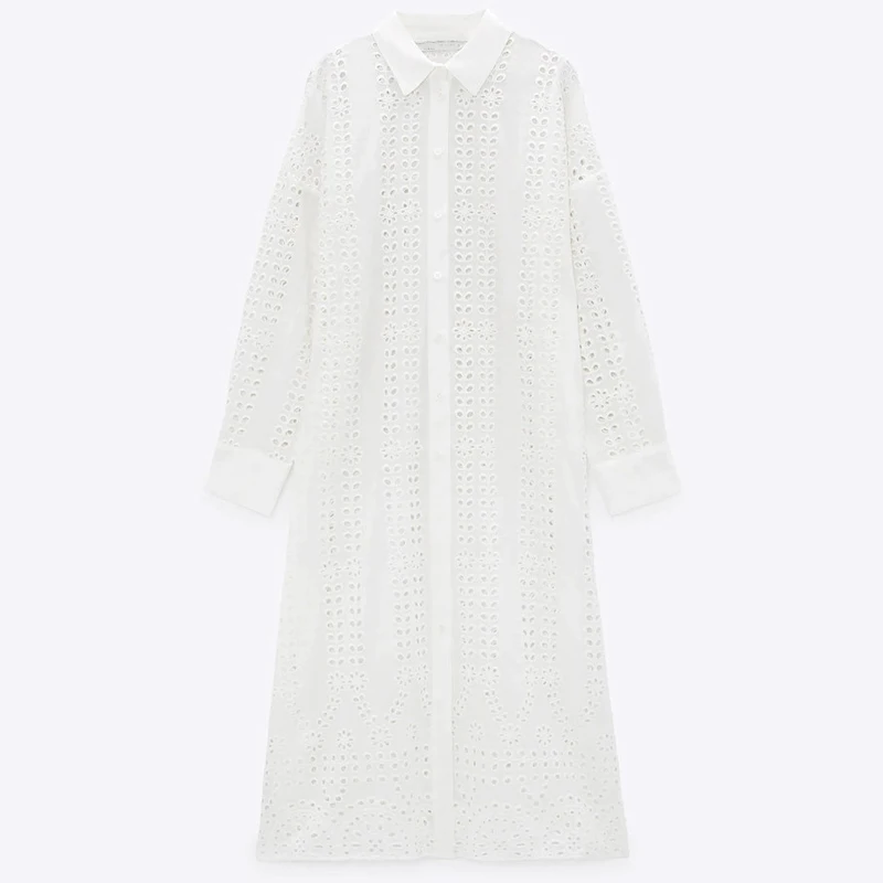 

2021 Spring Summer Women White Sexy Hollow Shirt Midi Dress Chic Embroidery Long Sleeve Beach Dresses Ladies Vestidos