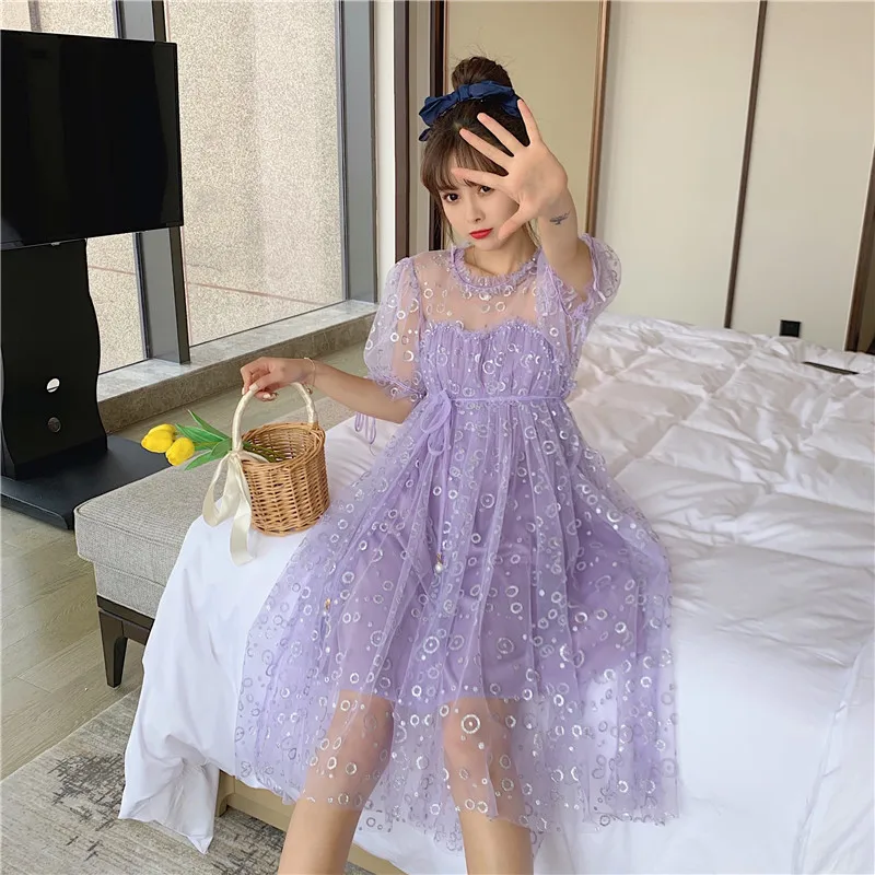 Женское свободное платье с юбкой откровенное сетчатое в корейском стиле круглым