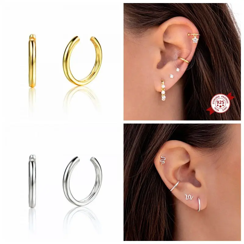 

925 Sterling Silver Gold Color Clip Earrings For Women Simple Smooth Ear Cuff Without Piercing Clip On Earrings Fashion Jewelry
