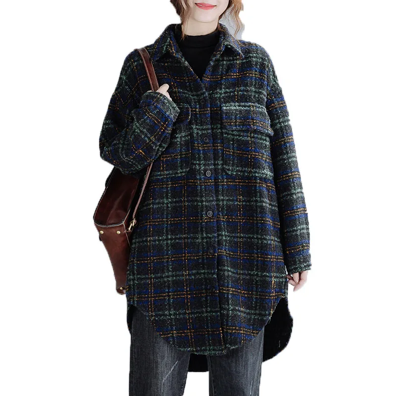 

NEW Autumn Winter Women's Woolen Coat Mid-Long Loose Casual Plaid Jacket Ladies Fashion Blended Wool Outwear Tops 202