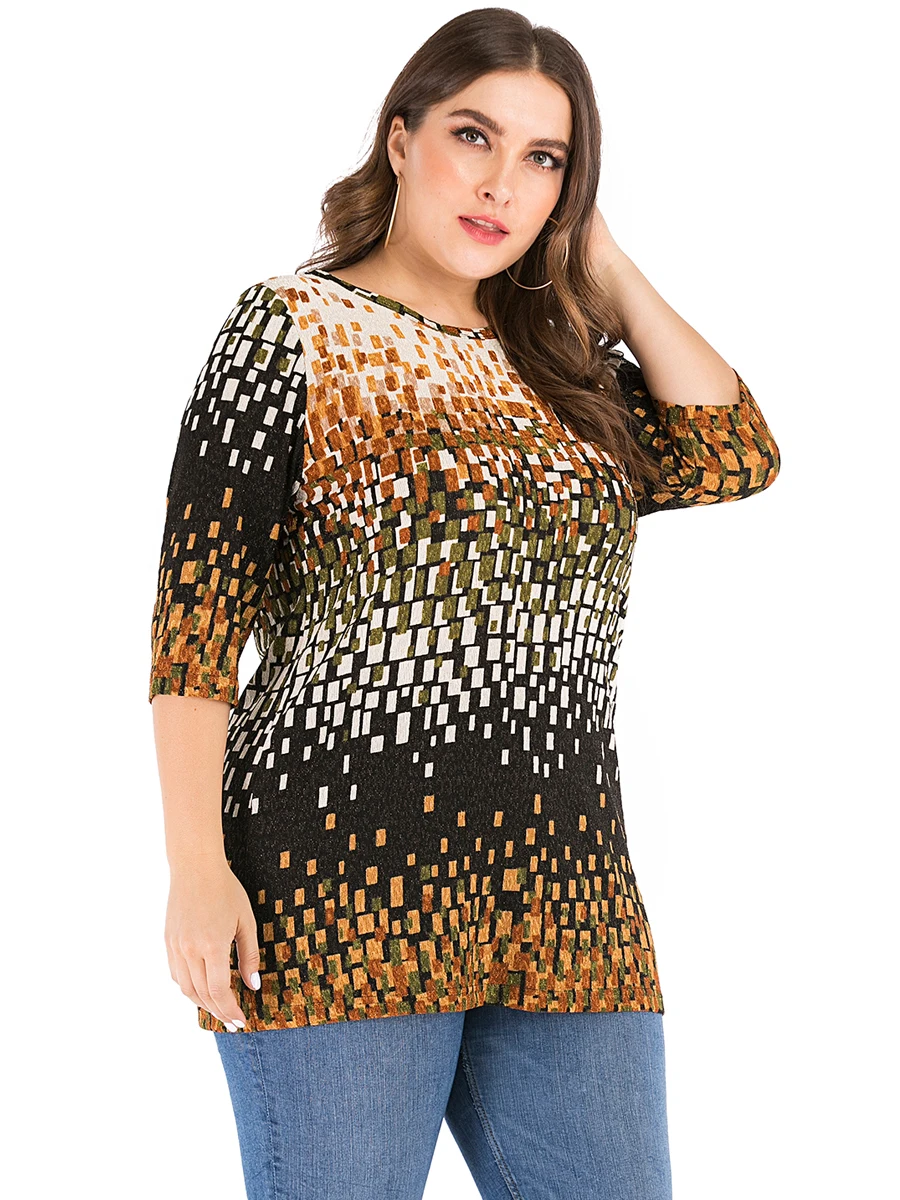 5XL размера плюс, женская блузка, осень, о-образный вырез, рукав три четверти, в клетку, с принтом, повседневная, свободная, верх размера d, Женская туника, топы