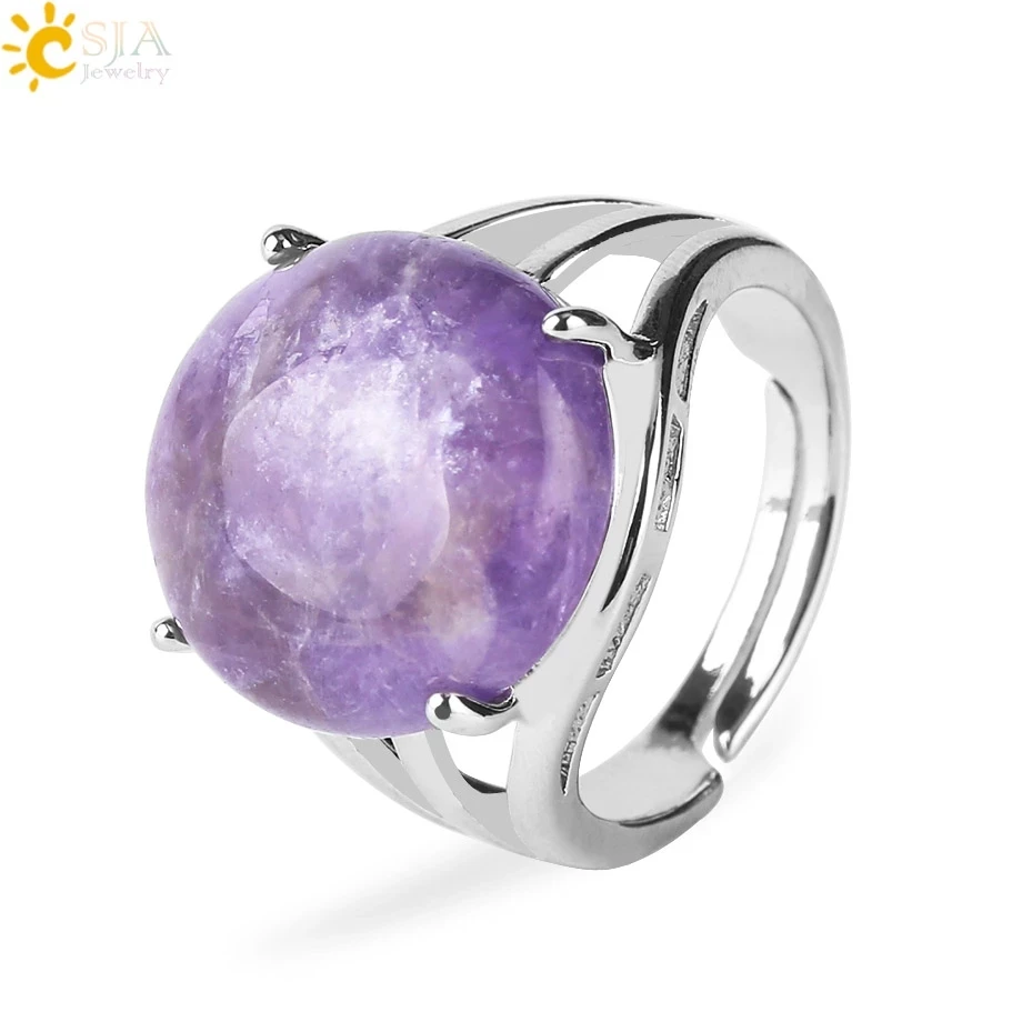 

CSJA Crystal Ring for Women Natural Stone Ring Round Beads Finger Rings Amethysts Purple Quartz Silver Color Party Jewelry F476