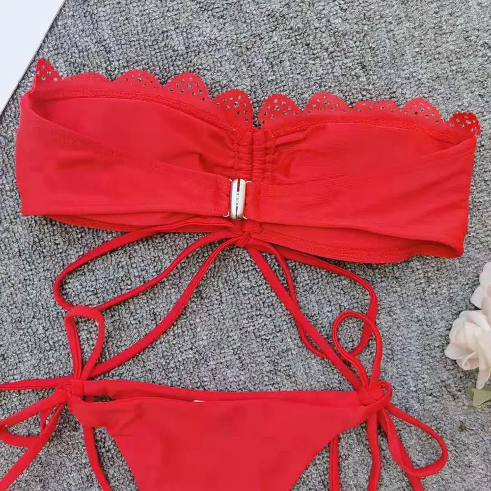 

Bikini Set Padded Red Solid Sexy Push Up Swimwear Beach Wear Low Waist Female Swimsuit Polyester Bathing Suit Swim Bikini Set