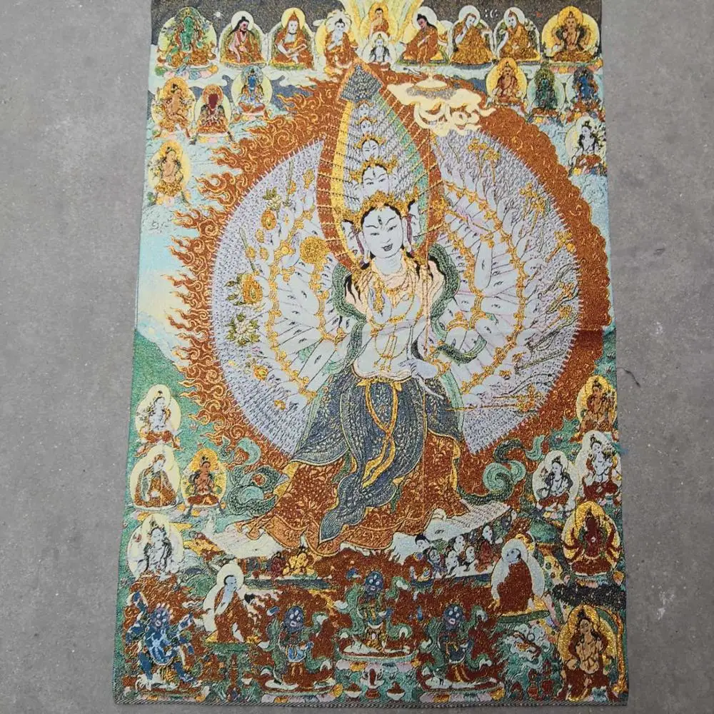 

35"Thangka Embroidery Tibetan Buddhism silk embroidery brocade Nepal Thousand Hands 1000 Arm Guanyin Bodhisattva Thangkas