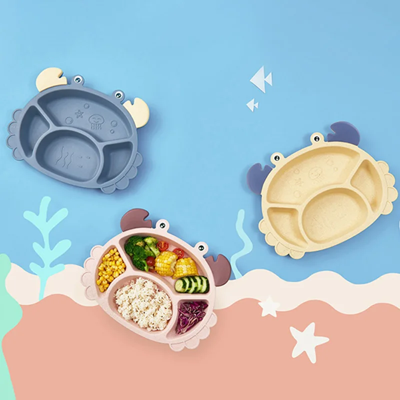

Cute Crab Shape Baby Dishes Solid Color Feeding Dinnerware Set With Fork Spoon Household Utensils Children Plates Wheat Straw/PP