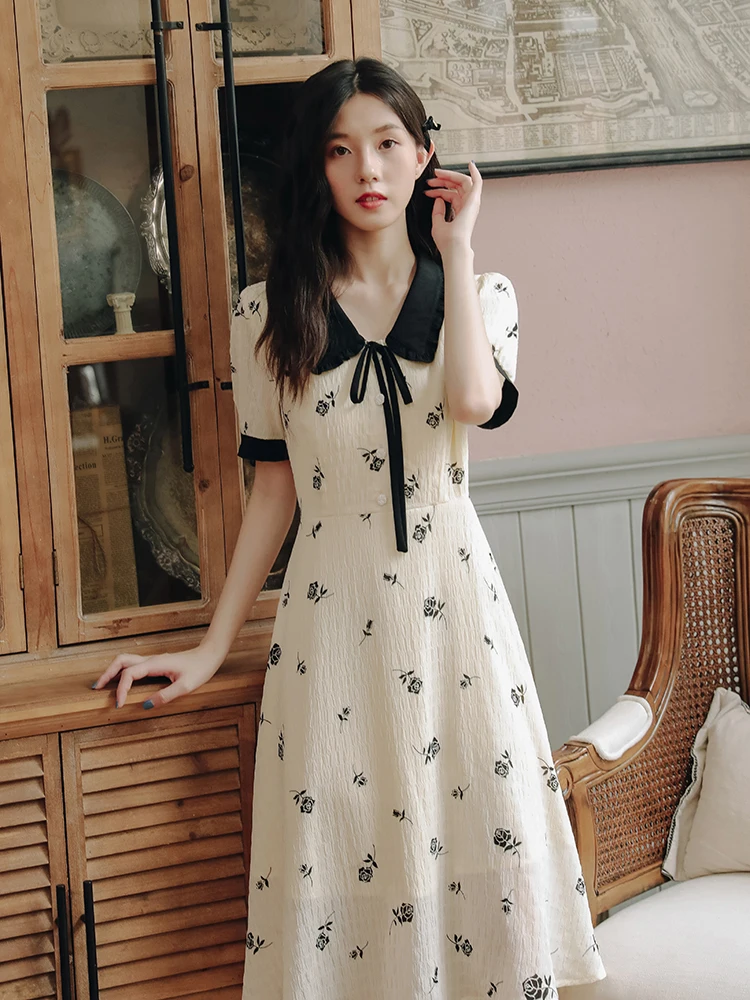 

Apricot Long First Love Retro Gentle Fairy Tea Break A-line Skirt Sweet Chiffon French Floral Dress Female Summer Doll Collar