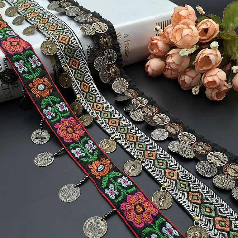 2 ярдов Этническая ручная работа вышитая бисером Цветочная вышивка кисточка