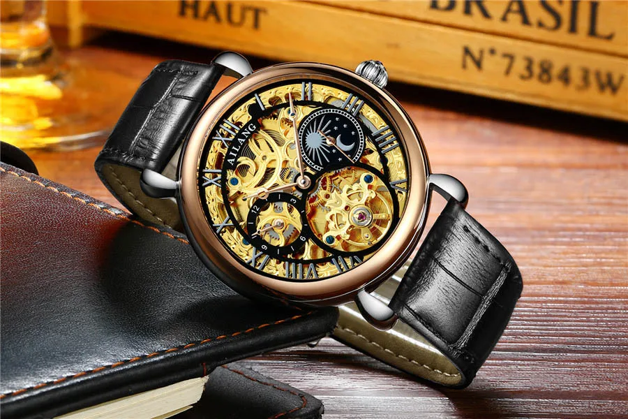 AILANG Moon Phase, мужские винтажные автоматические механические часы, мужские часы со скелетом, s Tourbillon, часы, лучший бренд, Роскошные, Новинка