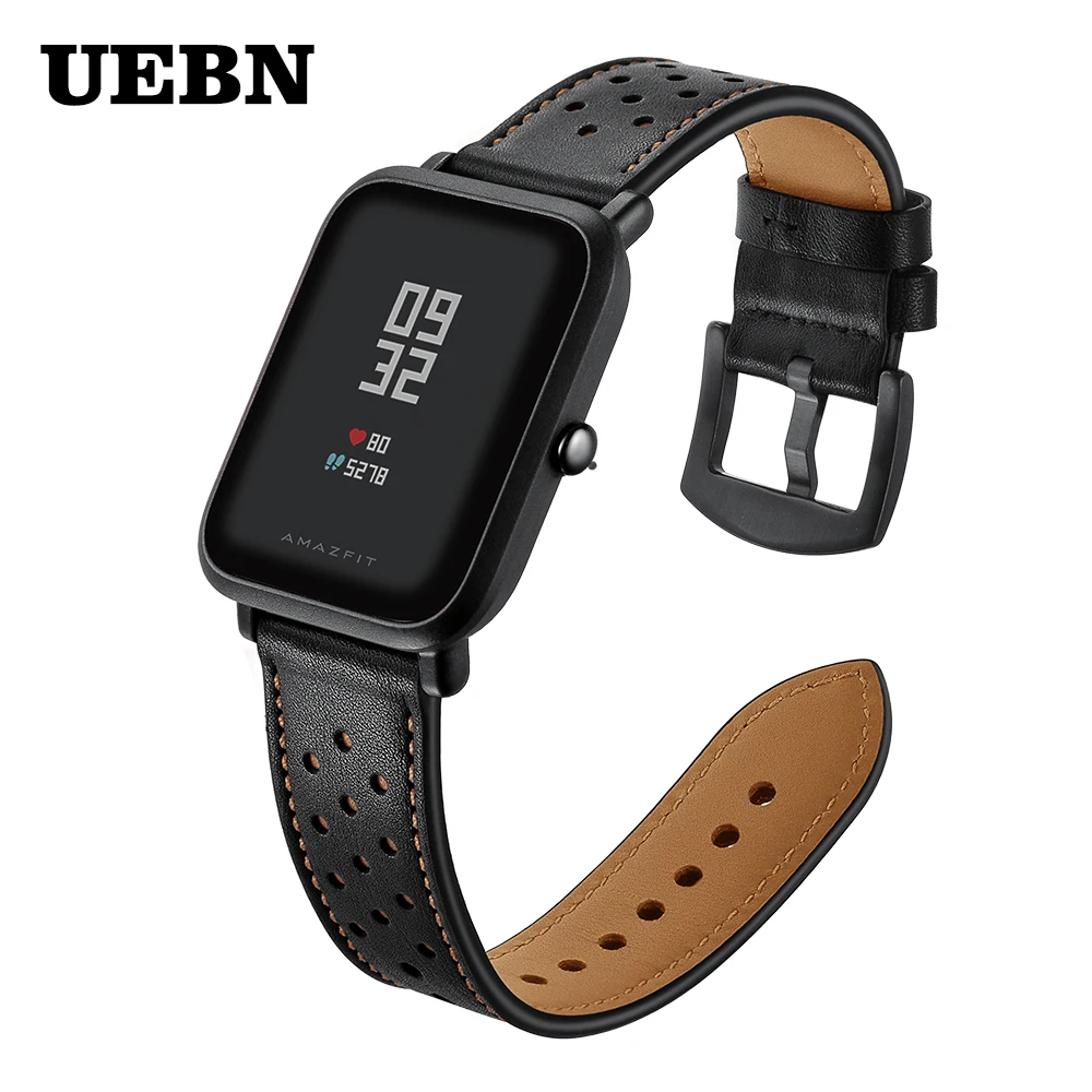 

Ремешок UEBN кожаный для Xiaomi huami amazfit bip GTS, Воздухопроницаемый браслет для часов amazfit GTR 42 мм, 20 мм