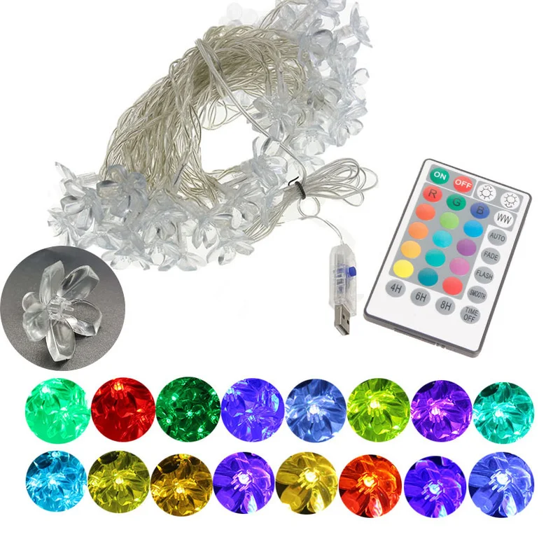 RGB Twinkle Flower Fairy String Lights 10m 100LEDs USB 16 Color Changing Christmas Decor Lamp with Remote for Holiday Party Home