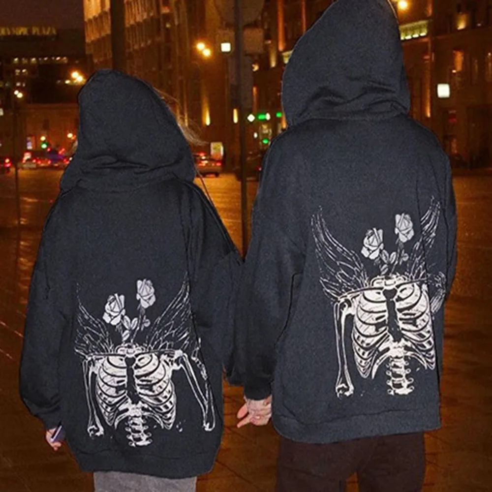 

New Listing Gothic Loose Fashion Hoodie Dark Skull Rose Print Zipper Women's Sweater Street Punk Casual Clothing