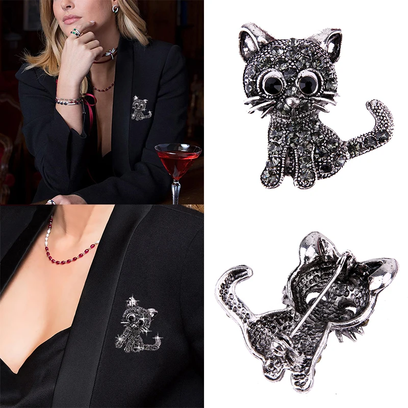 

High Quality Scarf Pin Crystal Cat Fashion Jewelry Cute 1PC Black Cat Graceful Animal Suit Brooches Collar Free Shipping Women