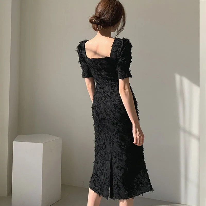 

Women Square Collar 2021 new Korean Short Sleeve Backless Bodycorn Slim Vintage Party Dress B086 Feather Tassel Long Midi Dress