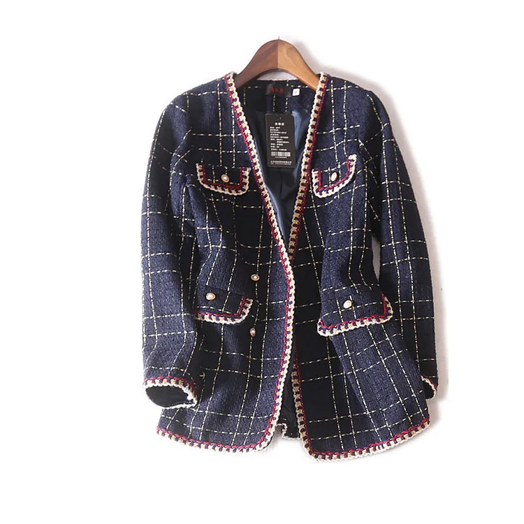 Navy blue Корейский маленький аромат v-образным вырезом винтажная твидовая куртка женская элегантная свободная твидовая куртка Casaco Feminino осеннее пальто плюс размер 4XL - Цвет: Navy blue